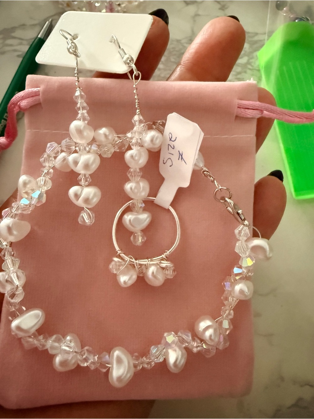 Elegant White Pearl and Crystal Jewelry Set - Ring , Earrings, Bracelet